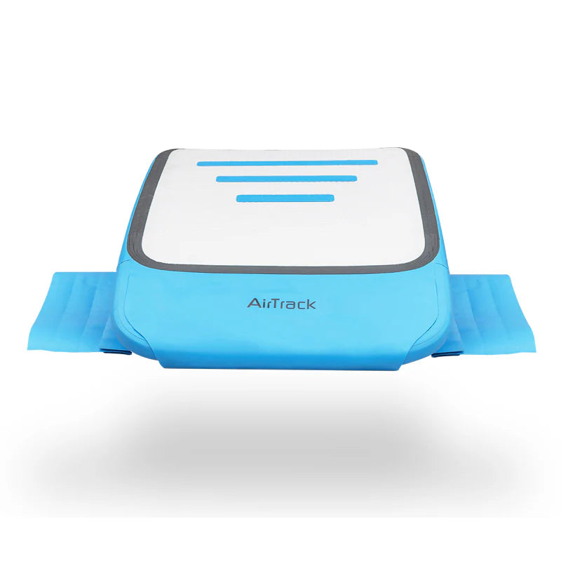 Front angle of AirTrack inflatable springboard, blue and white vault trainer for gymnastics, tumbling, and cheer practice