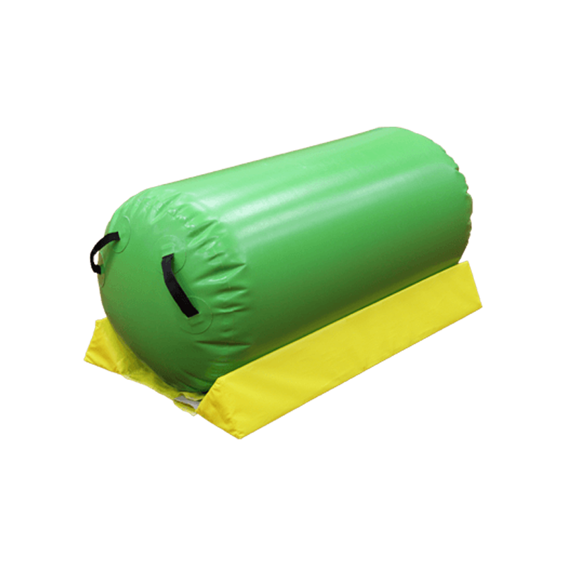 Inflatable AirRoll barrel with yellow stabilizer for gymnastics training, balance drills, and tumbling support.