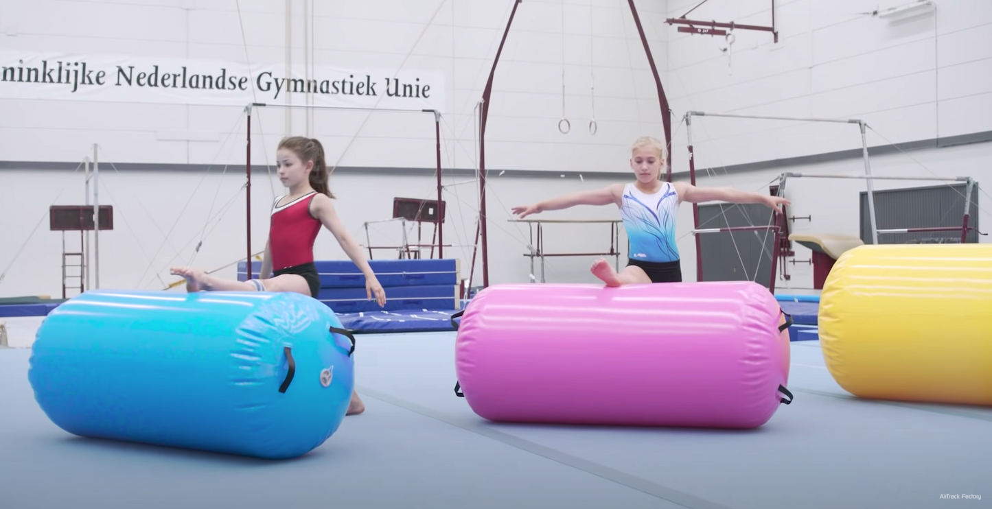 AirTrack AirRolls gymnastics barrel in black, 2.5' x 4' size, for tumbling drills and skill training at all levels.