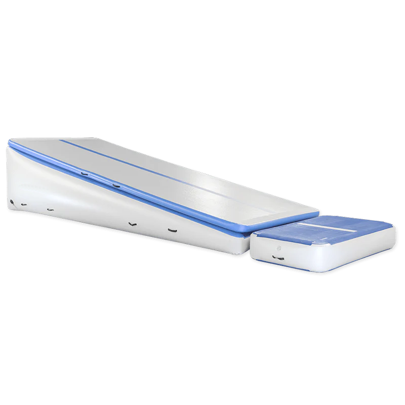 AirTrack AirRamp inflatable launch ramp in blue and white, designed for gymnastics, free running, and cheer tumbling takeoffs