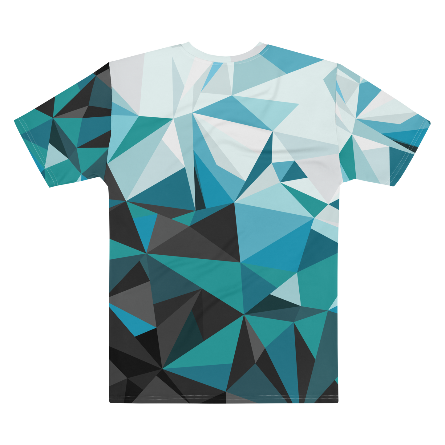 AirTrack teal geometric pattern t-shirt with short sleeves and four-way stretch performance fabric.