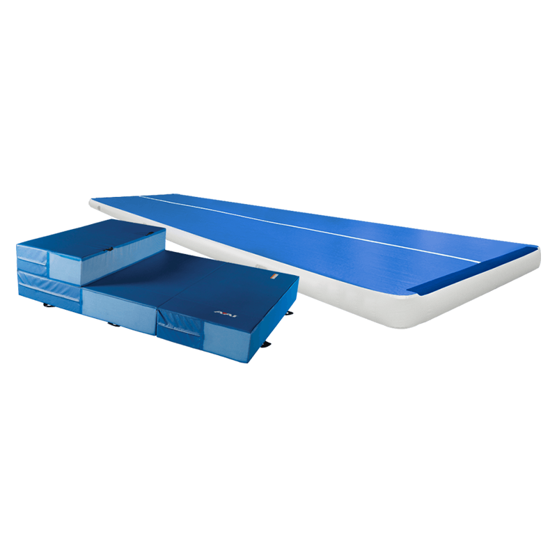Blue inflatable tumbling track with AAI landing mats for gymnastics training, acrobatics, and safe landings.