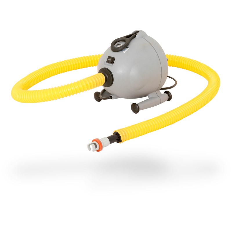 Gray OV-10 electric blower with yellow dual hose for inflating AirTrack gymnastics equipment.