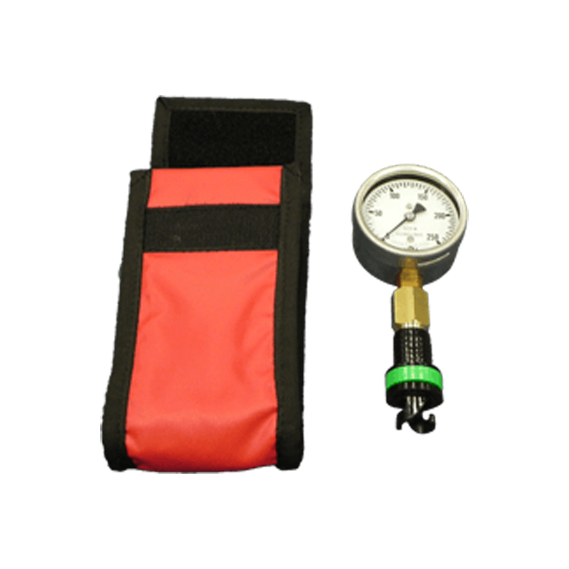 AirTrack pressure gauge with analog dial and red storage pouch for inflating gymnastics mats.