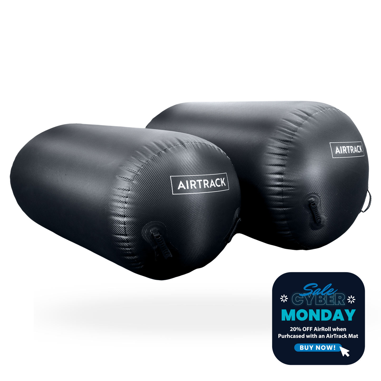 Two black inflatable gymnastics barrels with 'AIRTRACK' branding, featuring a Cyber Monday sale banner.